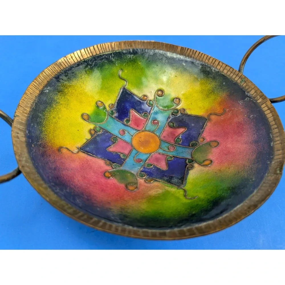 Vtg Indian Copper Brass Platter Prayer Colorful Enamel Bowl Platter Boho Handles